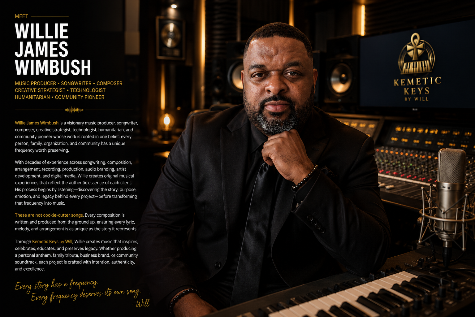 Meet Willie James Wimbush — music producer, songwriter, composer, creative strategist, technologist, humanitarian, and community pioneer. Every story has a frequency. Every frequency deserves its own song.