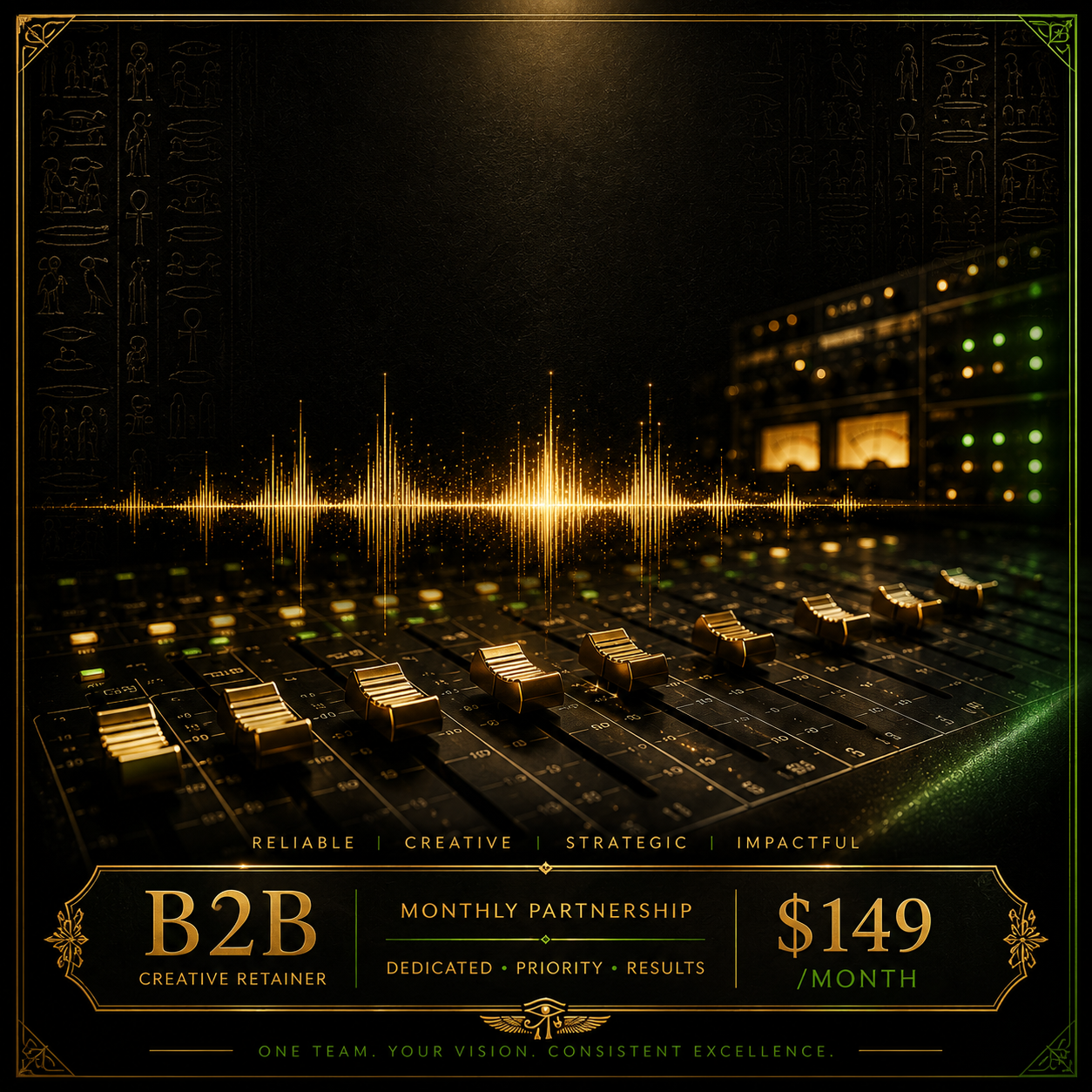 Sound Partner — B2B Creative Retainer. Reliable · Creative · Strategic · Impactful. Monthly partnership, $149 per month. One team, your vision, consistent excellence.
